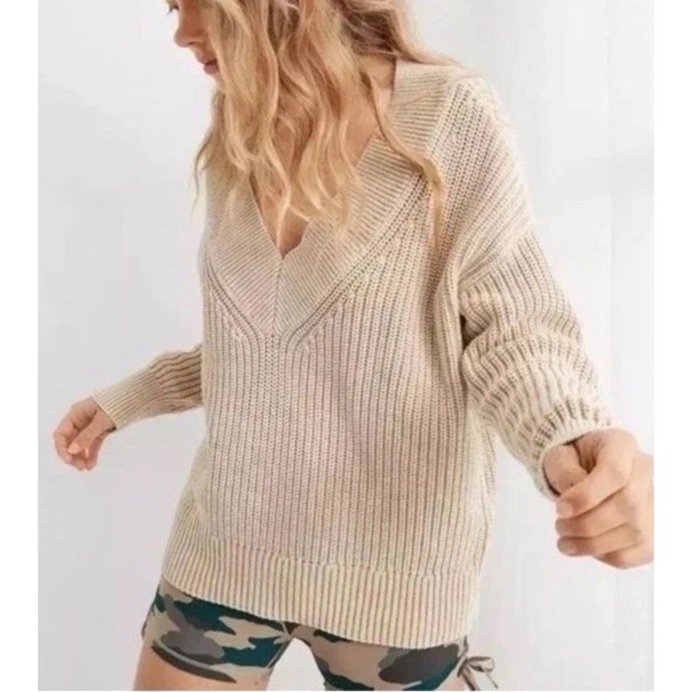 Aerie Ribbed Knit V-Neck Slouchy Cotton Sweater In Sandalwood Women's Size S
